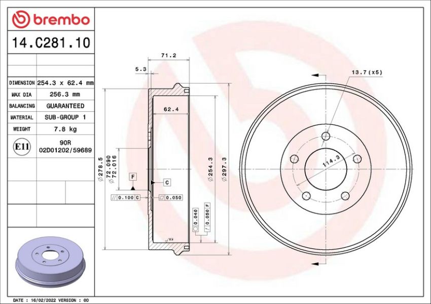 Brembo 14.C281.10 Premium OE Equivalent Brake Drum