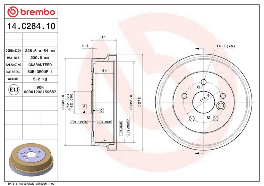 Brembo 14.C284.10 Premium OE Equivalent Brake Drum