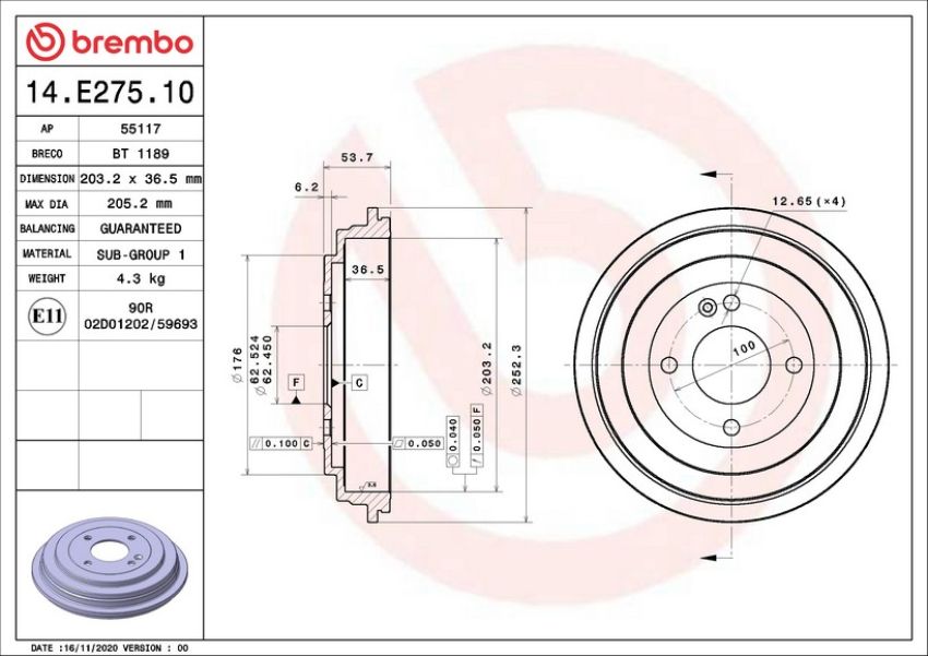 Brembo 14.E275.10 Premium OE Equivalent Brake Drum