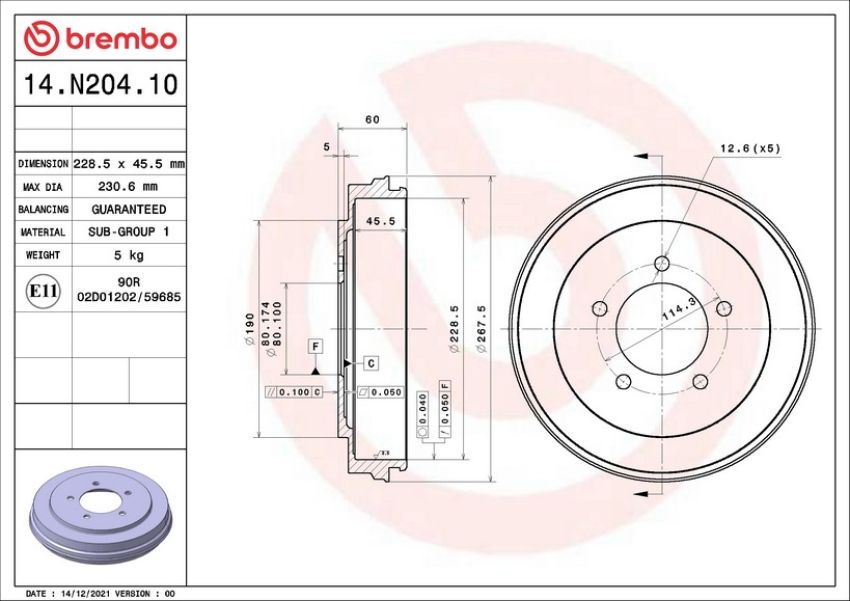 Brembo 14.N204.10 Premium OE Equivalent Brake Drum