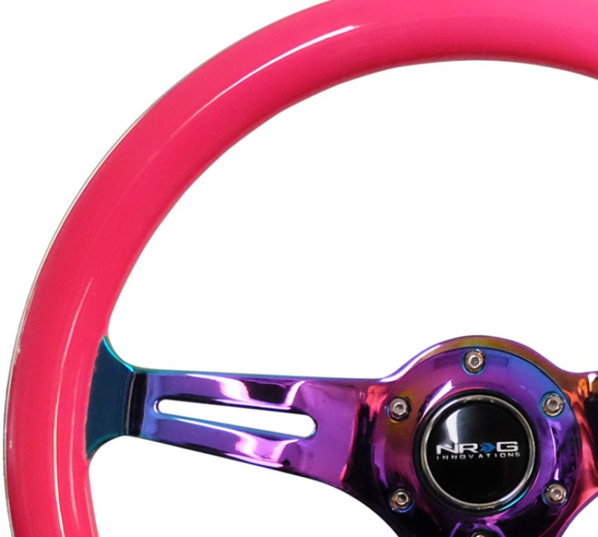 NRG ST-015MC-NPK Classic Wood Grain Steering Wheel (350mm) Neon Pink Painted Grip w/Neochrome 3-Spoke Center
