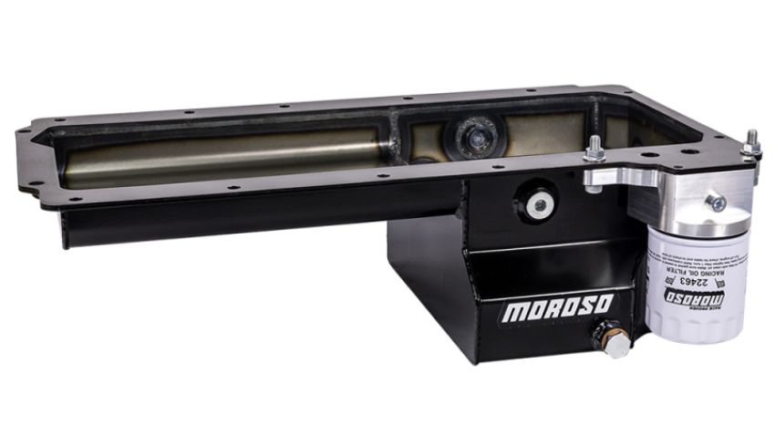 Moroso 20159 GM LS Early F-Body (Road Race) Spin-On Filter Drain Back Rear Sump Steel Oil Pan - Black