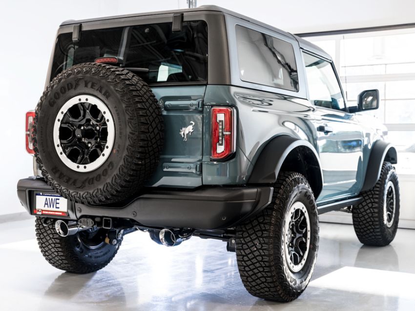 AWE Tuning 3015-32456 2021+ Ford Bronco 0FG Dual Rear Exit Exhaust w/Chrome Silver Tips & Bash Guard