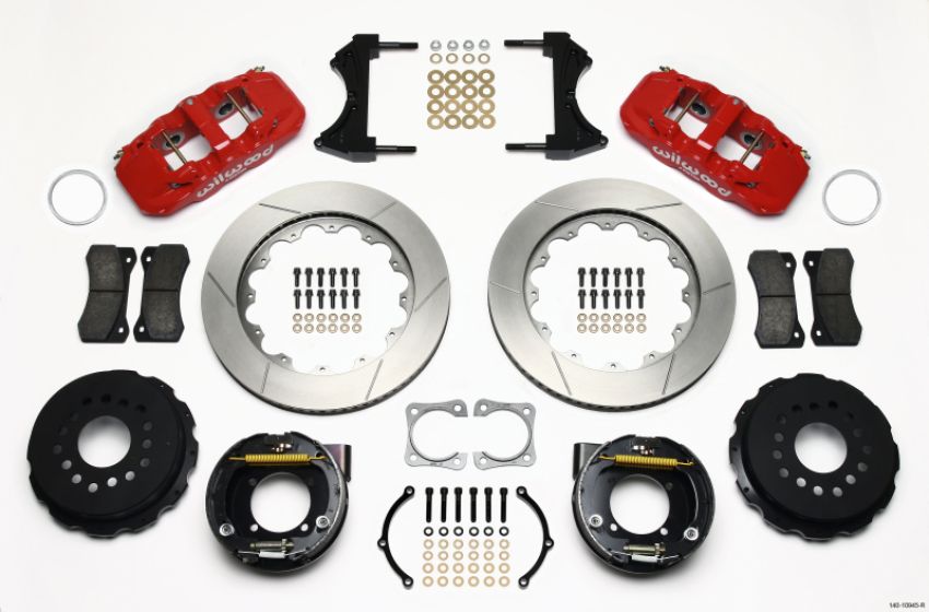 Wilwood 140-10945-R AERO4 Rear P-Brake Kit 14.00in Red Chevy 12 Bolt-Spec 3.15in Brng