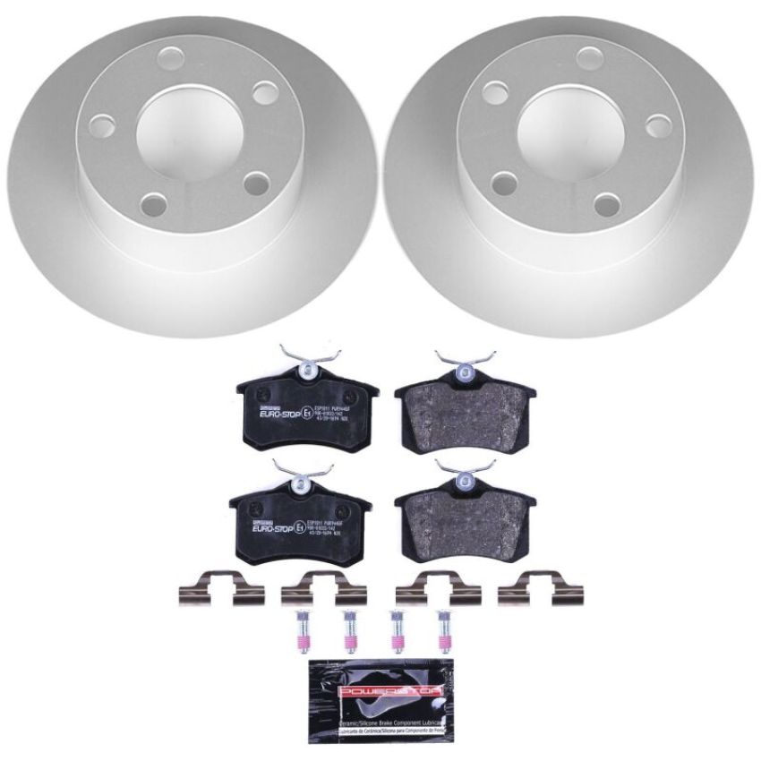 PowerStop ESK515 Genuine Geomet Coated Rotors, ECE-R90 Brake Pads + Hardware Kit
