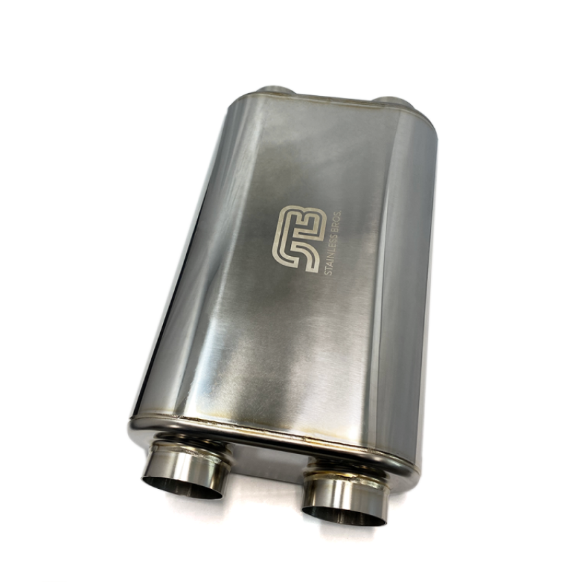 Stainless Bros 616-06323-2250 17in OAL 2.5in Thin Oval SS304 Polished Finish Muffler - 2.5in Dual In/Dual Out