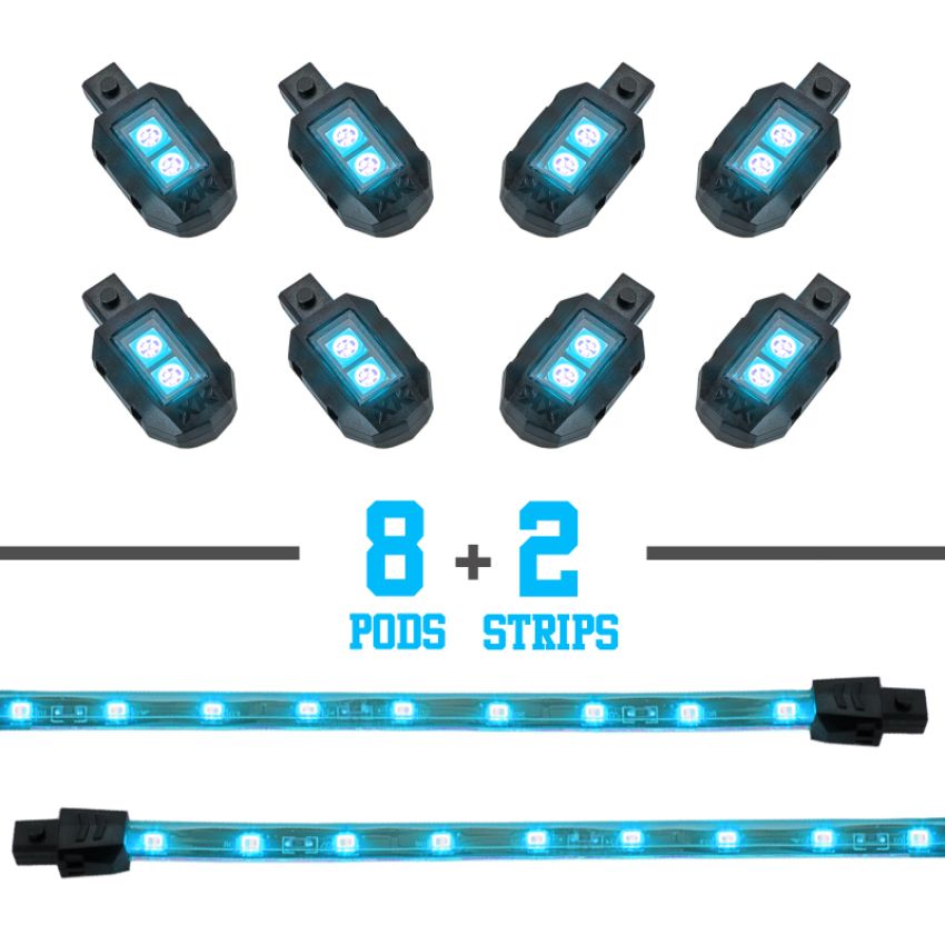 XKGLOW XK034001-AB XK Glow Strips Single Color  LED Accent Light Motorcycle Kit Light Blue - 8xPod + 2x8In