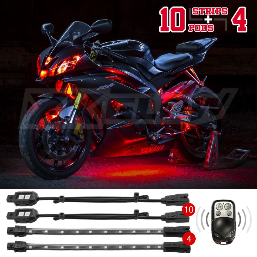 XKGLOW XK034002-R XK Glow Single Color  LED Accent Light Motorcycle Kit Red - 10xPod + 4x8InStrips