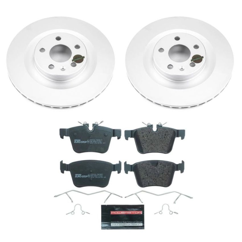 PowerStop ESK7757 Genuine Geomet Coated Rotors, ECE-R90 Brake Pads + Hardware Kit