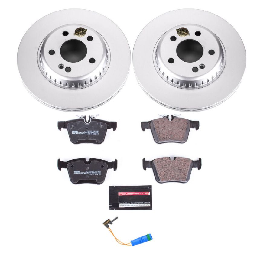 PowerStop ESK8047 Genuine Geomet Coated Rotors, ECE-R90 Brake Pads + Hardware Kit