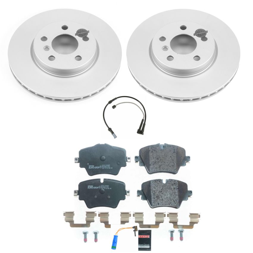 PowerStop ESK8323 Genuine Geomet Coated Rotors, ECE-R90 Brake Pads + Hardware Kit