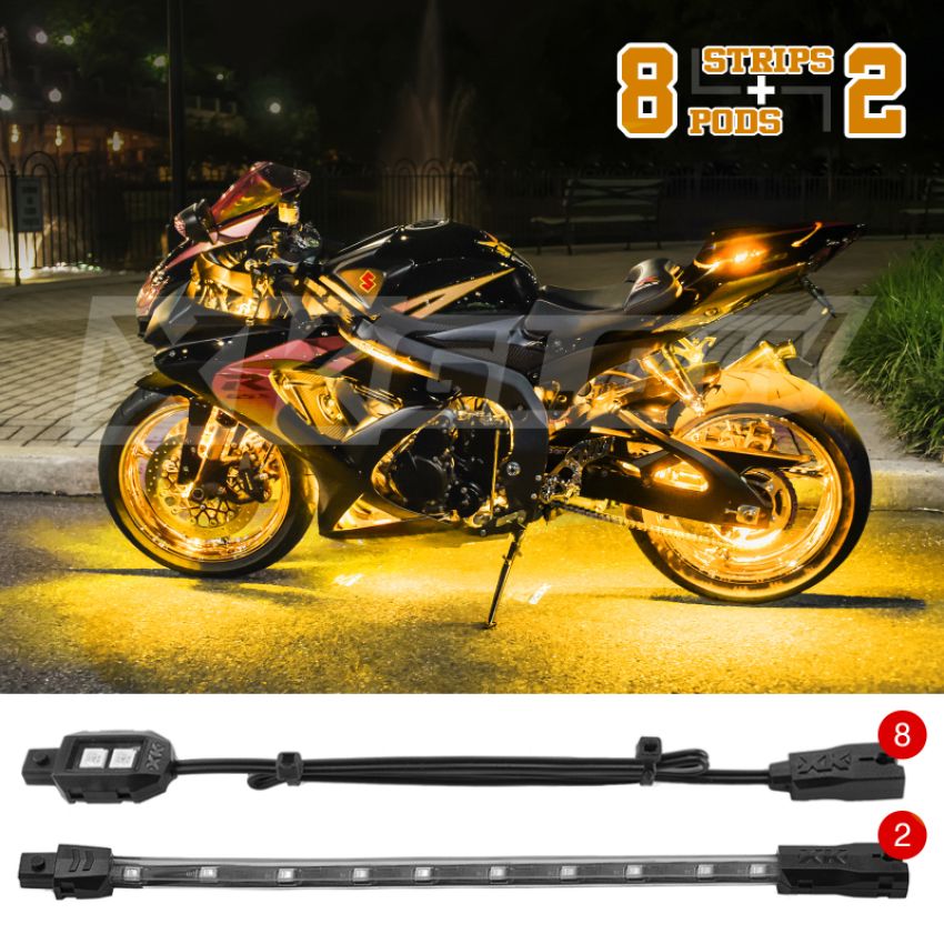XKGLOW XK034001-A XK Glow Strips Single Color  LED Accent Light Motorcycle Kit Amber - 8xPod + 2x8In