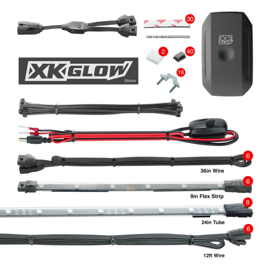 XKGLOW KS-Car-Advance-DM XK Glow New Style Strips XKchrome Car Kit w/ Dual-Mode Mount Controller 8x24In Tubes + 6x10In