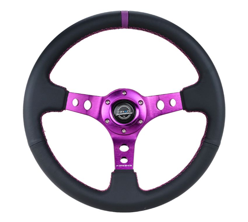 NRG RST-006PP Reinforced Steering Wheel (350mm / 3in. Deep) Black Leather w/Purple Center & Purple Stitching