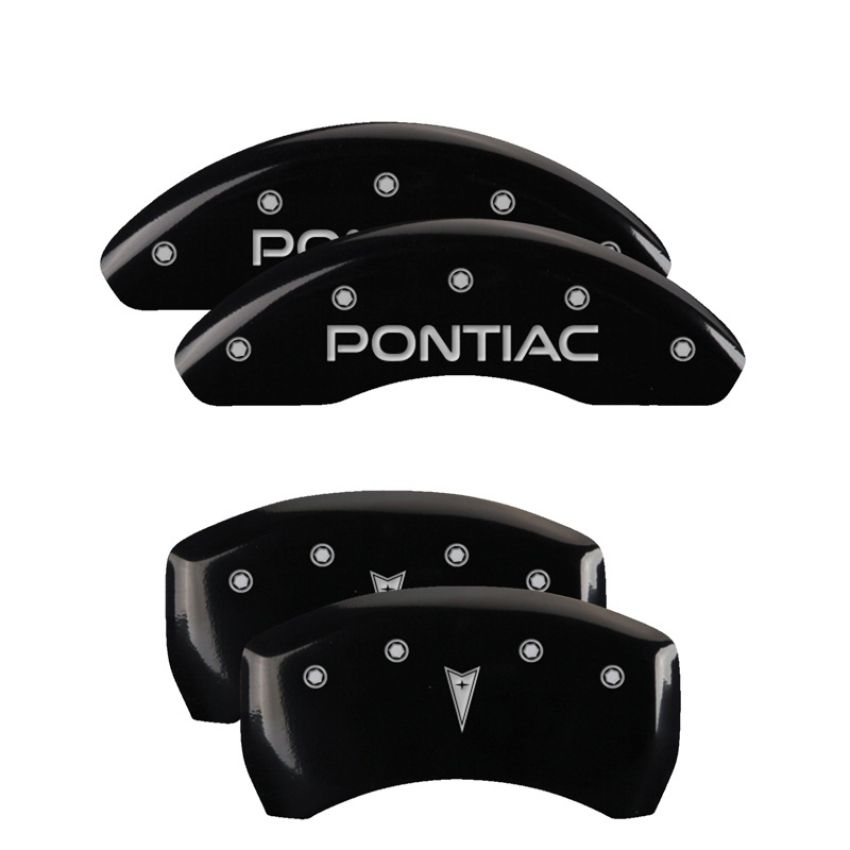 MGP 18025SPONBK 4 Caliper Covers Engraved Front Pontiac Engraved Rear Arrow Black finish silver ch