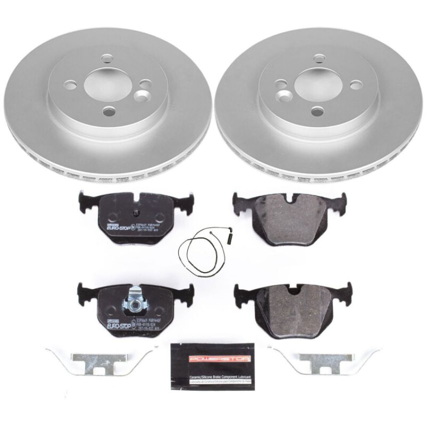 PowerStop ESK5729 Genuine Geomet Coated Rotors, ECE-R90 Brake Pads + Hardware Kit