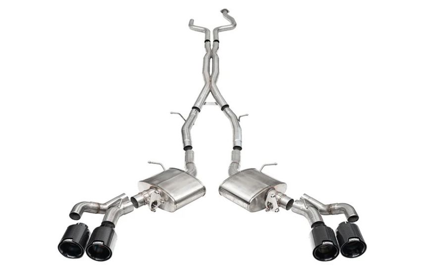 CORSA Performance 21320CFBLK Corsa 2022-24 Caddy CT5 V Blackwing 3in. Cat-Back w/ Act. Exh. - Dbl X-Pipe - Twin 4.5in. BlkCF Tips