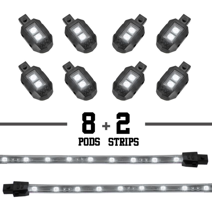 XKGLOW XK034001-W XK Glow Strips Single Color  LED Accent Light Motorcycle Kit White - 8xPod + 2x8In