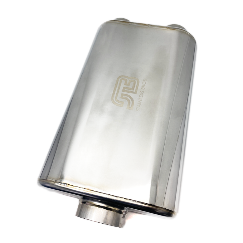 Stainless Bros 616-07623-2120 17in OAL 3in Oval SS304 Polished Finish Muffler - 3in Center In/2.5in Dual Out