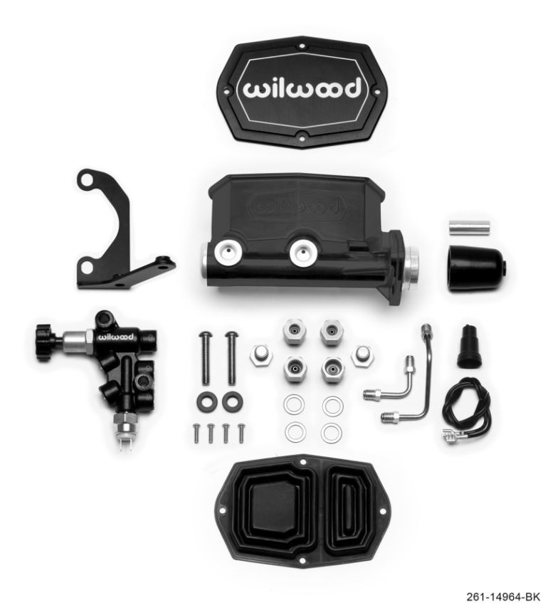 Wilwood 261-14964-BK Compact Tandem M/C - 1.12in Bore - w/Bracket and Valve - Black