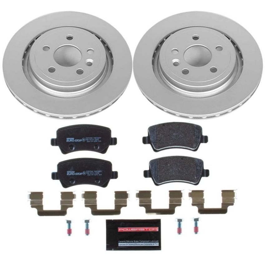 PowerStop ESK4702 Genuine Geomet Coated Rotors, ECE-R90 Brake Pads + Hardware Kit