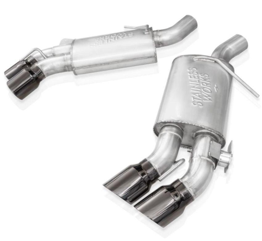 Stainless Works CA16RVMKFRBC 16-21 Camaro SS 3in Redline Factory Connect Axle Back w/Valve - 4in Quad Black Tips