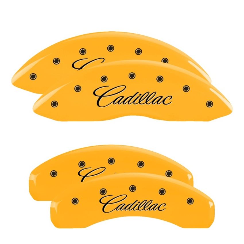 MGP 35011SCADYL 4 Caliper Covers Engraved Front & Rear Cursive/Cadillac Yellow finish black ch