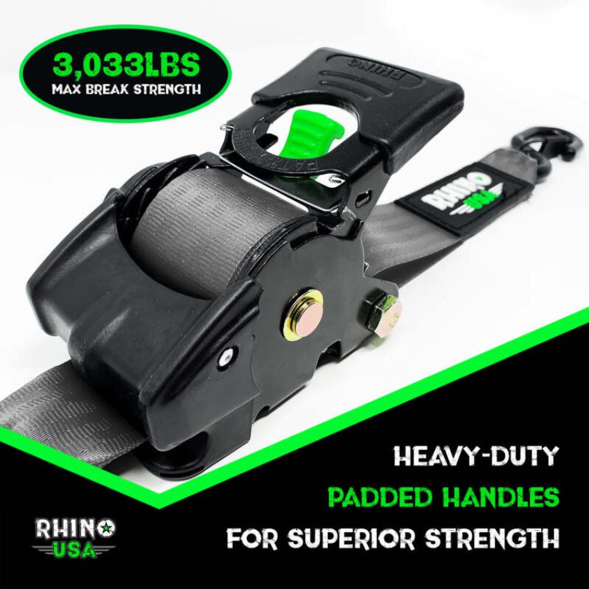 Rhino USA TD-RSRE2X10-GRY Retractable Ratchet Straps (2Pk 2Inx10Ft) Gray