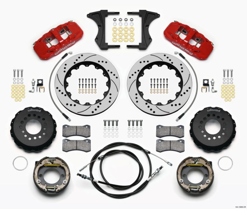 Wilwood 140-13686-DR AERO4 Rear Kit 14.00 Drilled Red 2005-2014 Mustang w/ BMR Suspn. w/Lines