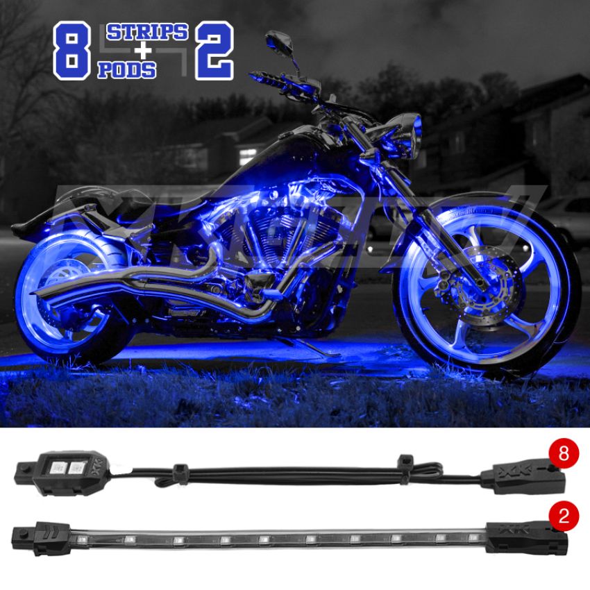 XKGLOW XK034001-B XK Glow Single Color  LED Accent Light Motorcycle Kit Blue - 8xPod + 2x8InStrips