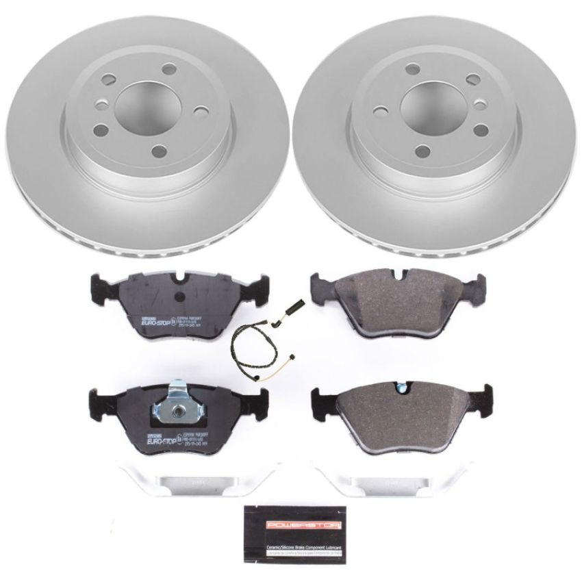 PowerStop ESK5298 Genuine Geomet Coated Rotors, ECE-R90 Brake Pads + Hardware Kit