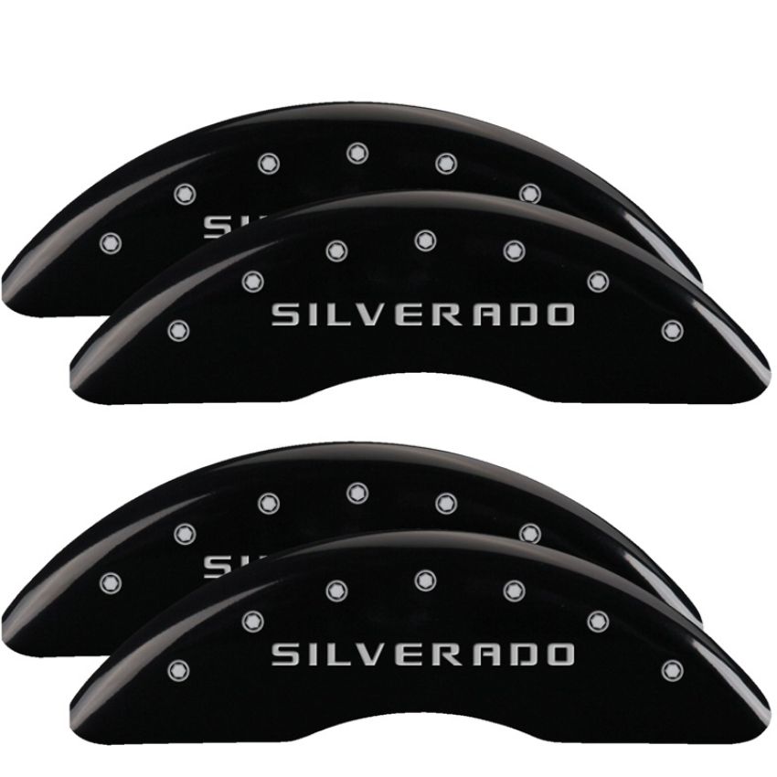 MGP 14173SSILBK 4 Caliper Covers Engraved Front & Rear Silverado Black finish silver ch