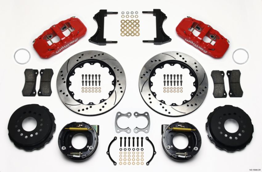 Wilwood 140-10946-DR AERO4 Rear P-Brake Kit 14.00in Drilled Red Small Ford 2.66in Offset