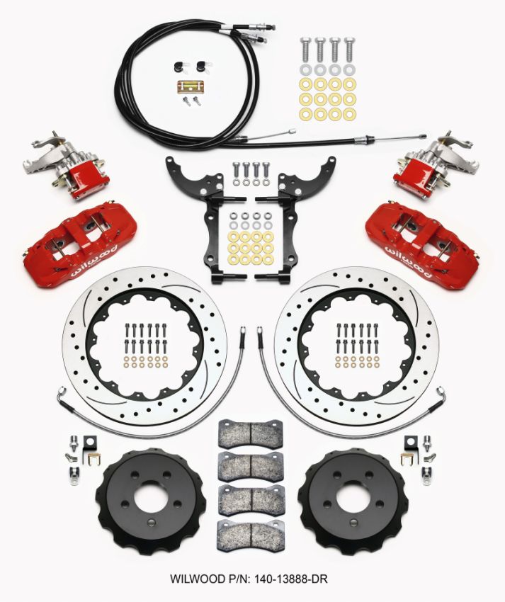 Wilwood 140-13888-DR AERO4 / MC4 Rear Kit 14.00 Drilled Red 2015-Up Mustang w/Lines & Cables
