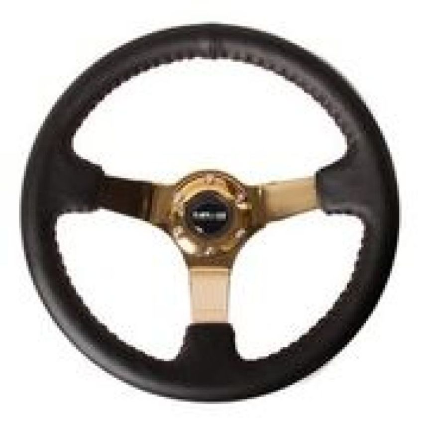 NRG RST-036CG Reinforced Steering Wheel (3in Deep / 4mm) 350mm Blk Leather w/Red BBall Stitch & Gold Spoke
