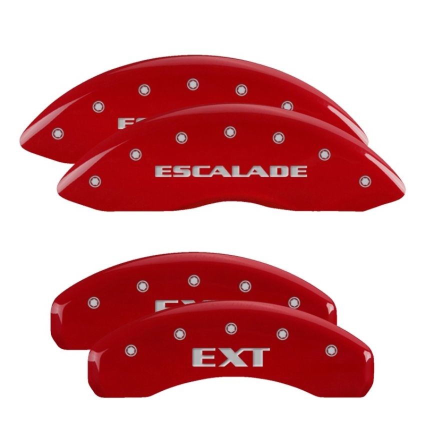 MGP 35015SEXTRD 4 Caliper Covers Engraved Front Escalade Engraved Rear EXT Red finish silver ch