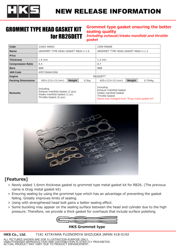 HKS 23002-AN001 RB26 88mm Bore 1.6mm Thick Grommet Type Head Gasket
