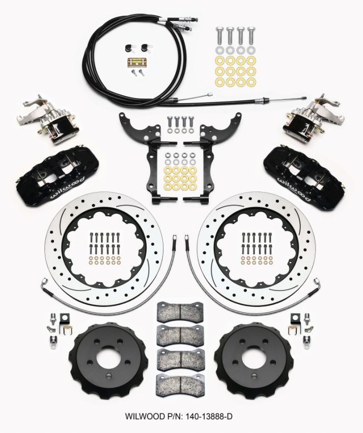 Wilwood 140-13888-D AERO4 / MC4 Rear Kit 14.00 Drilled 2015-Up Mustang w/Lines & Cables