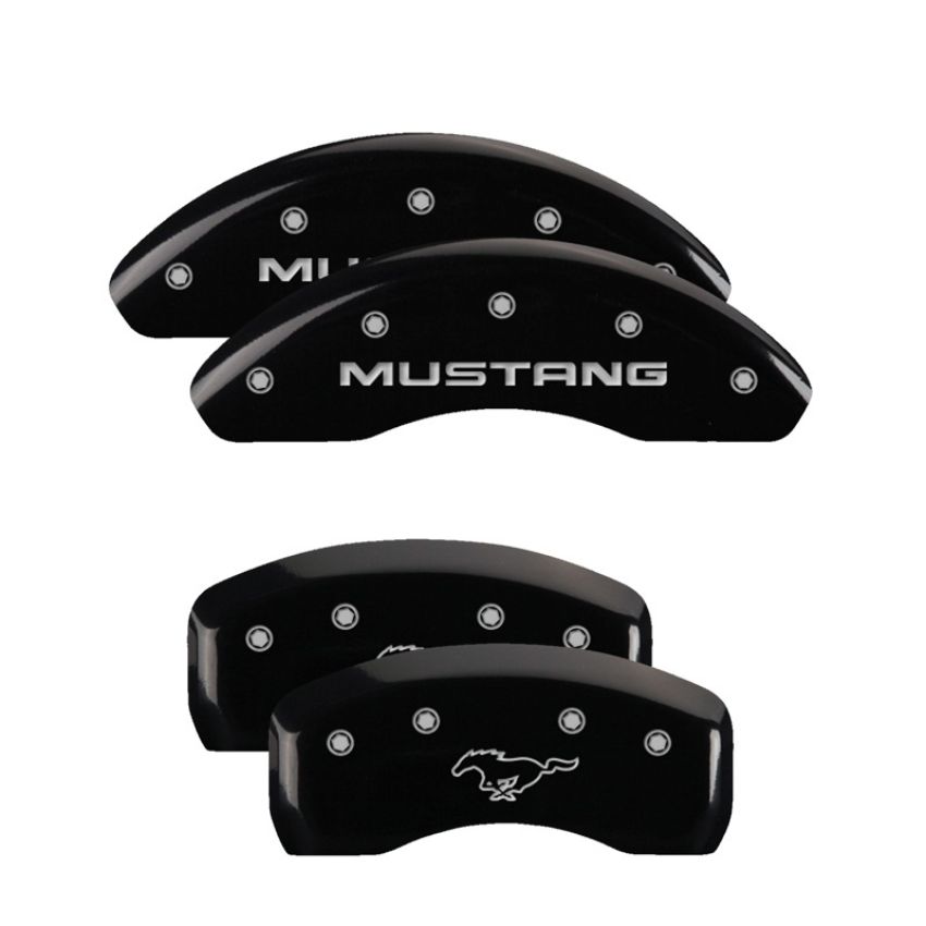 MGP 10224SMPYBK 4 Caliper Covers Engraved Front Mustang Engraved Rear Pony Black finish silver ch