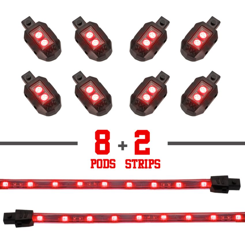 XKGLOW XK034001-R XK Glow Single Color  LED Accent Light Motorcycle Kit Red - 8xPod + 2x8InStrips
