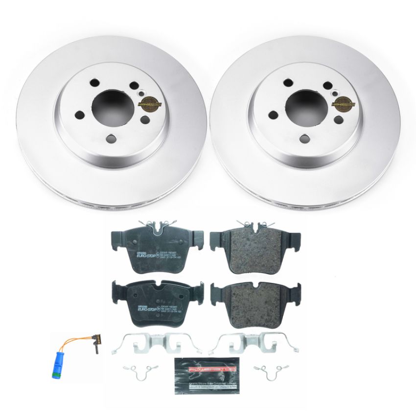 PowerStop ESK7990 Genuine Geomet Coated Rotors, ECE-R90 Brake Pads + Hardware Kit