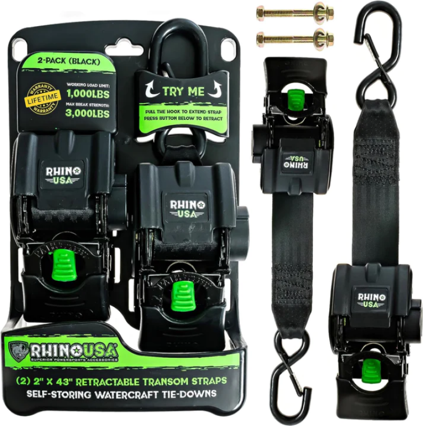 Rhino USA TD-MSTR2X43-BLK Retractable Transom Straps (2 Pack-Black)