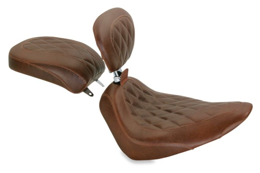 Mustang Motorcycle 79753 Mustang 84-06 Harley Standard Rear Tire Wide Tripper Solo Seat w/Driver Backrest - Distressed Brown
