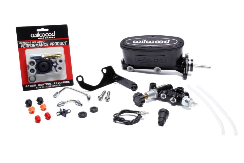 Wilwood 261-14158-BK HV Tandem M/C Kit w L/H Bracket & Prop Valve - 15/16in Bore Black-W/Push. - Early Mustang