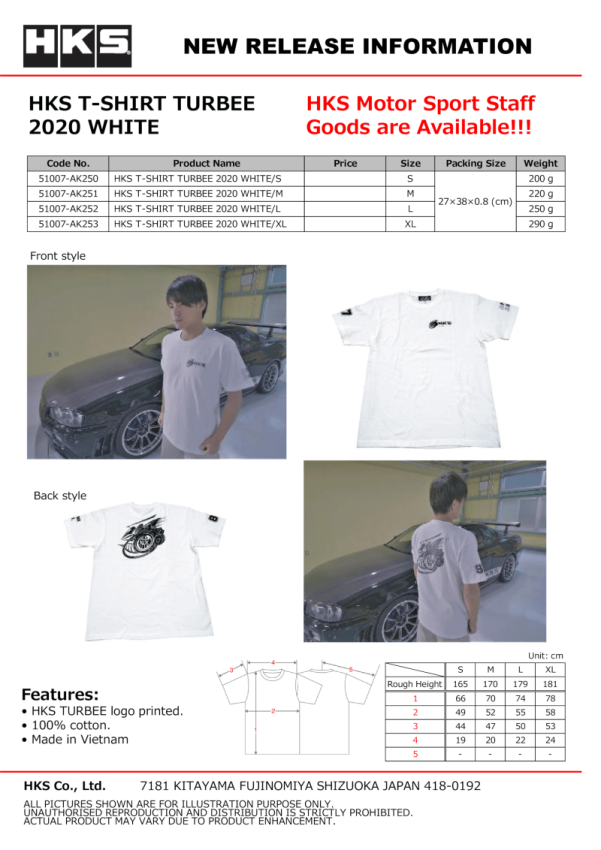 HKS 51007-AK250 T-SHIRT TURBEE 2020 WHITE S