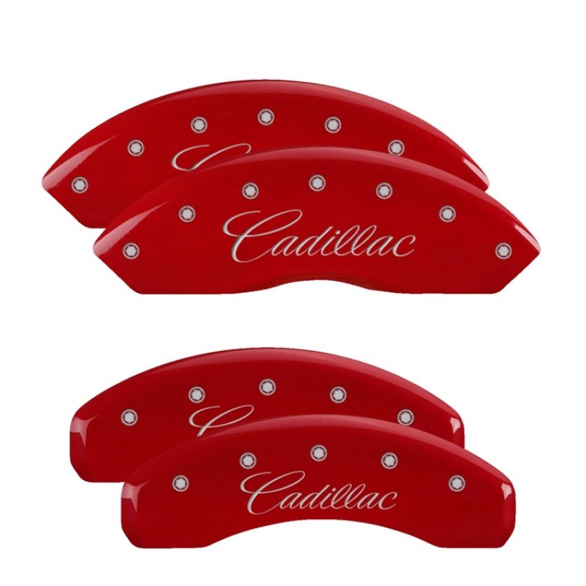 MGP 35005SCADRD 4 Caliper Covers Engraved Front & Rear Cursive/Cadillac Red finish silver ch