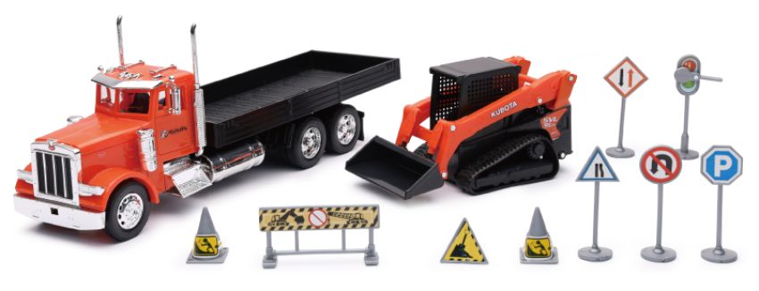 New Ray Toys SS-34023A Peterbilt 379 Flatbed Truck Roadwork Playset/ Scale - 1:32