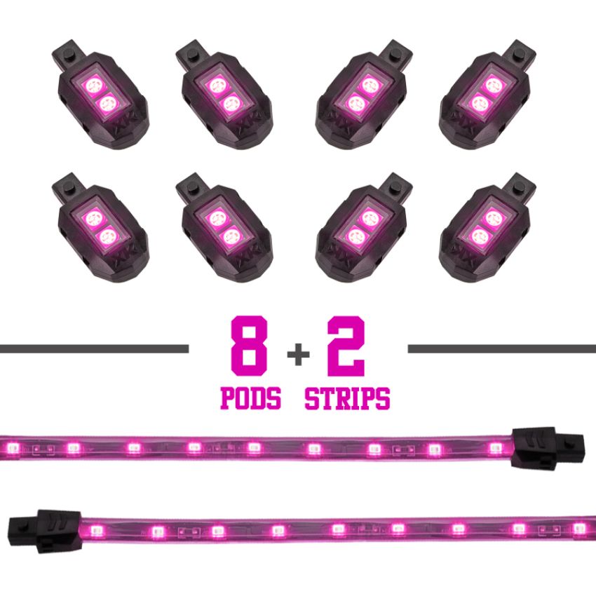 XKGLOW XK034001-P XK Glow Strips Single Color  LED Accent Light Motorcycle Kit Pink - 8xPod + 2x8In