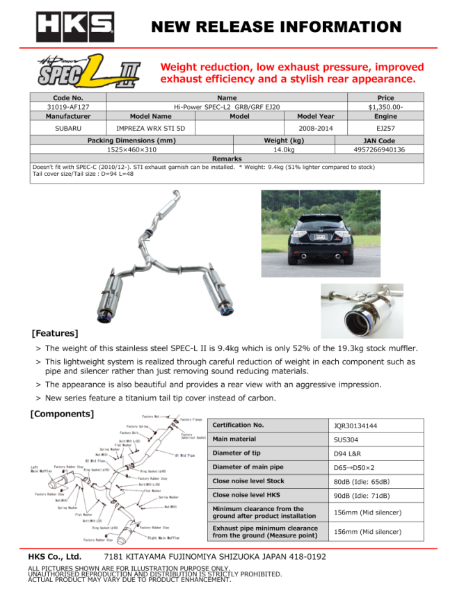 HKS 31019-AF127 Hi-Power SPEC-L2 GRB/GRF EJ20