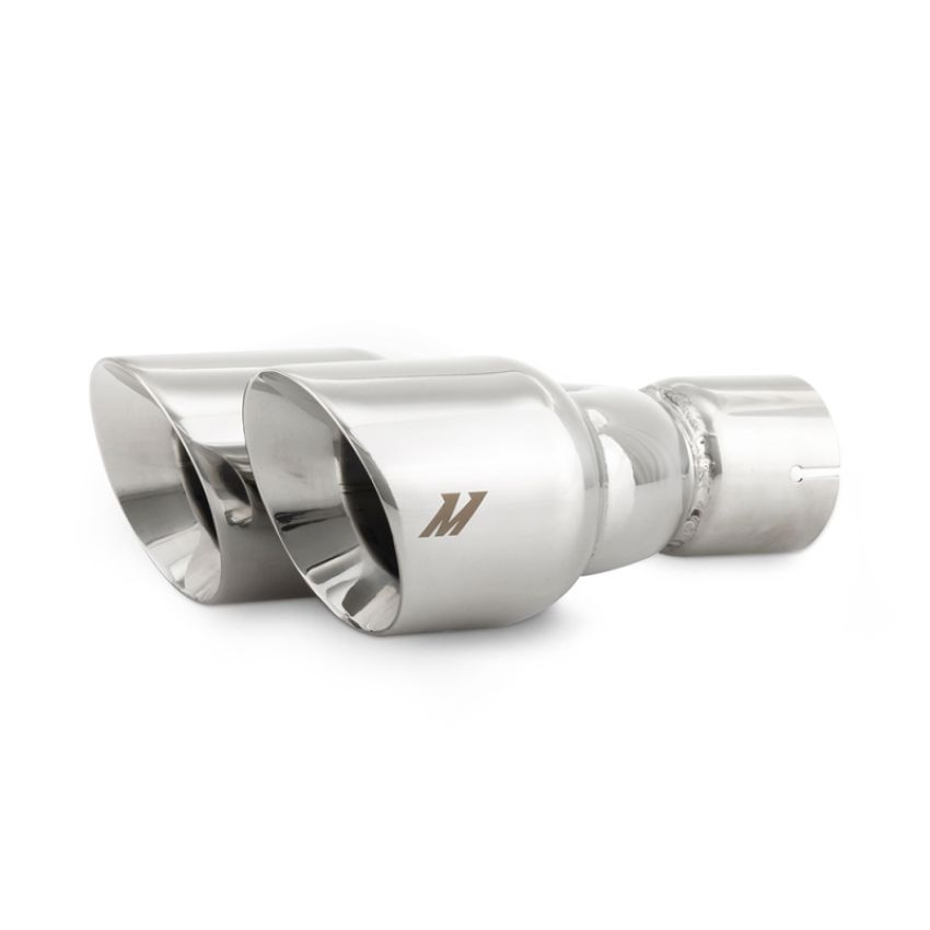 Mishimoto MMEXH-TIP-FSTP Dual Offset Tips 2.5in Inlet 3in Outlet Slash Cut - Polished
